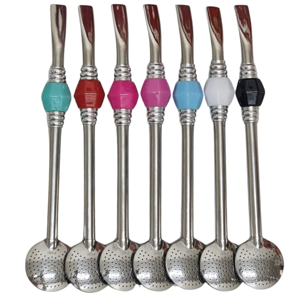 Bomba de Chimarrão com Pedra Acrílica Rosa - Aço Inox - 21cm