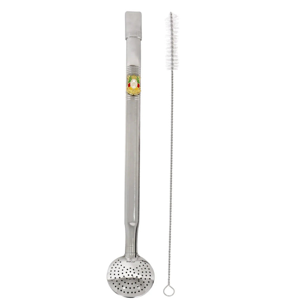 Bomba de Chimarrão Aço Inox BRASÃO RS Bojo Rosca e Bocal Duplo 23cm