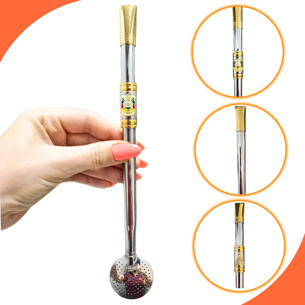 Bomba de Chimarrão Premium Aço Inox 340 Bocal Banhado a Ouro 24k Bojo Rosca